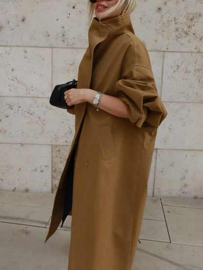 Casual Solid Long Trench Coat Women Stand Collar