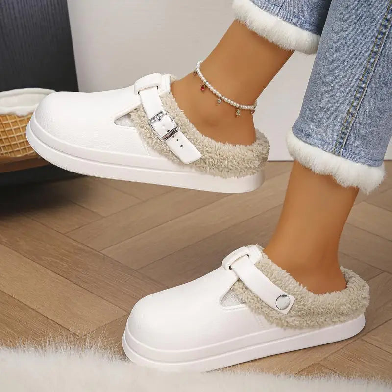 Waterproof Eva Furry Mules Slippers Women Winter Metal Buckle
