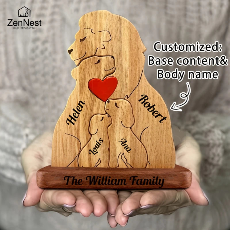 Wooden Lion Family Puzzle Ornament DIY Custom Name