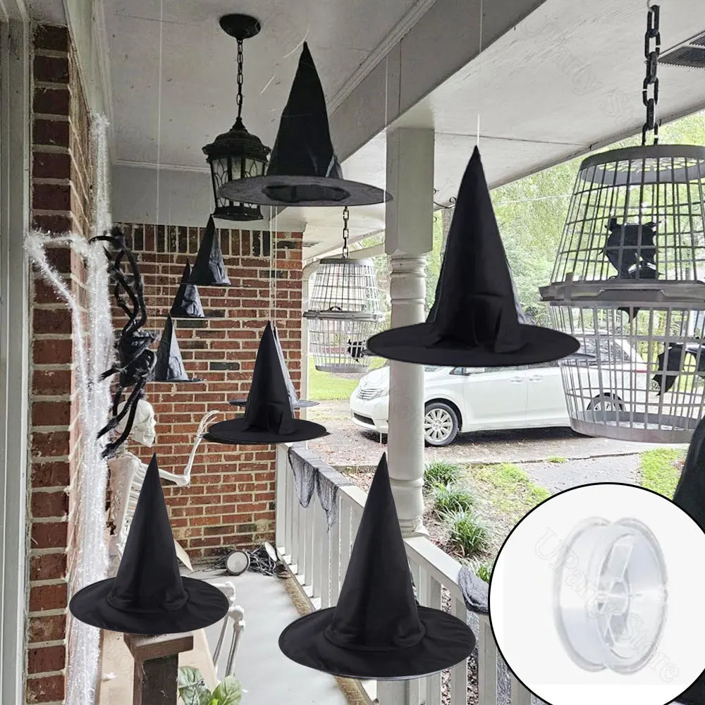 Halloween Black Witches Hats with Rope Hanging Wizard