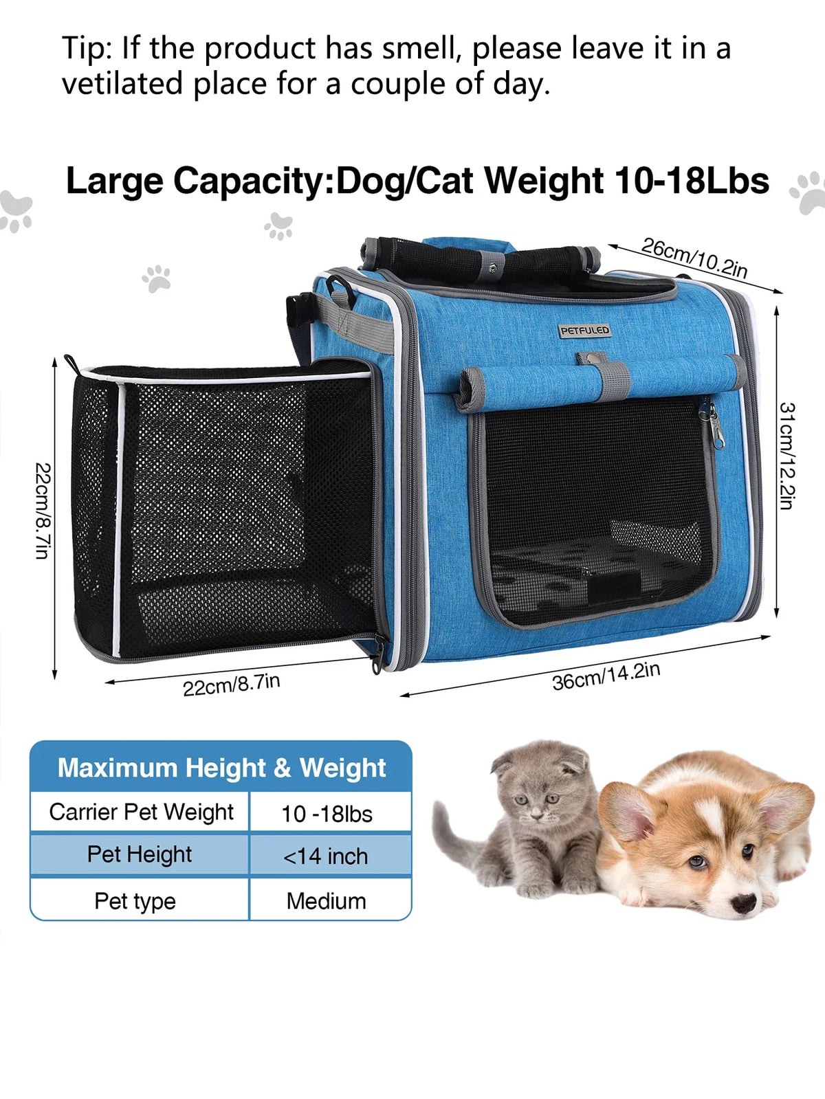 Dog or Cat Bike Basket, Expandable Soft Sided Pet Carrier Backpack with 4 Open Doors