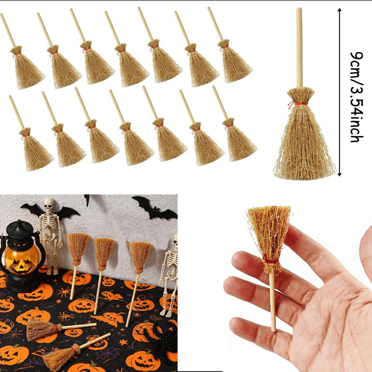 10-50Pcs Mini Witch Hat with Mini Broom Miniature Straw Brooms with Red Rope