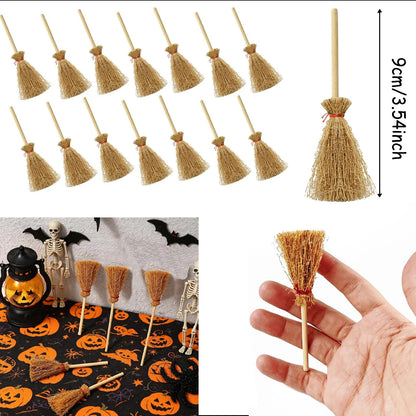 10-50Pcs Mini Witch Hat with Mini Broom Miniature Straw Brooms with Red Rope