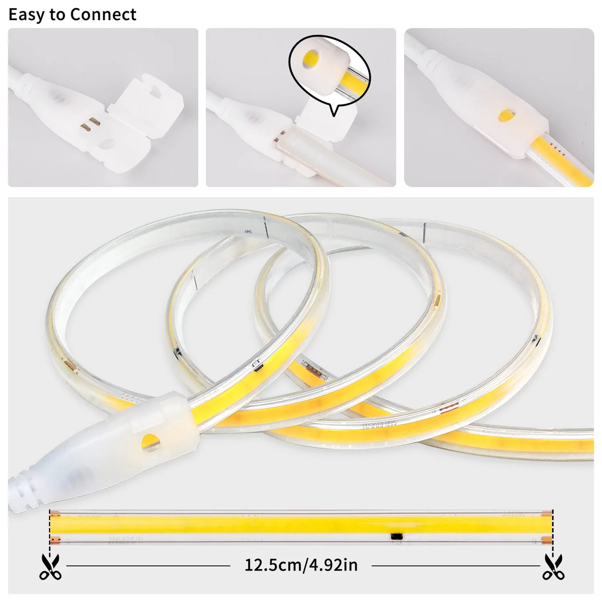 220V COB LED Strip Light 296 LEDs/m High Brightness