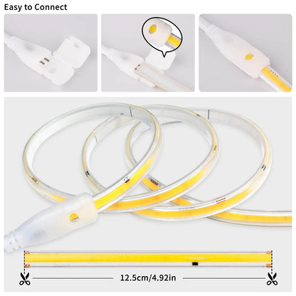 220V COB LED Strip Light 296 LEDs/m High Brightness