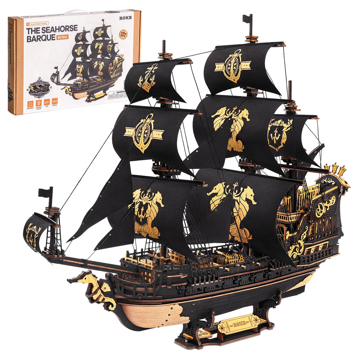 Seahorse Barque Wooden 3D Puzzle 1:100 Scale DIY Sailboat