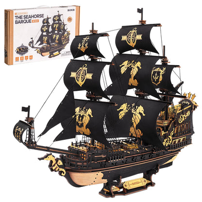 Seahorse Barque Wooden 3D Puzzle 1:100 Scale DIY Sailboat