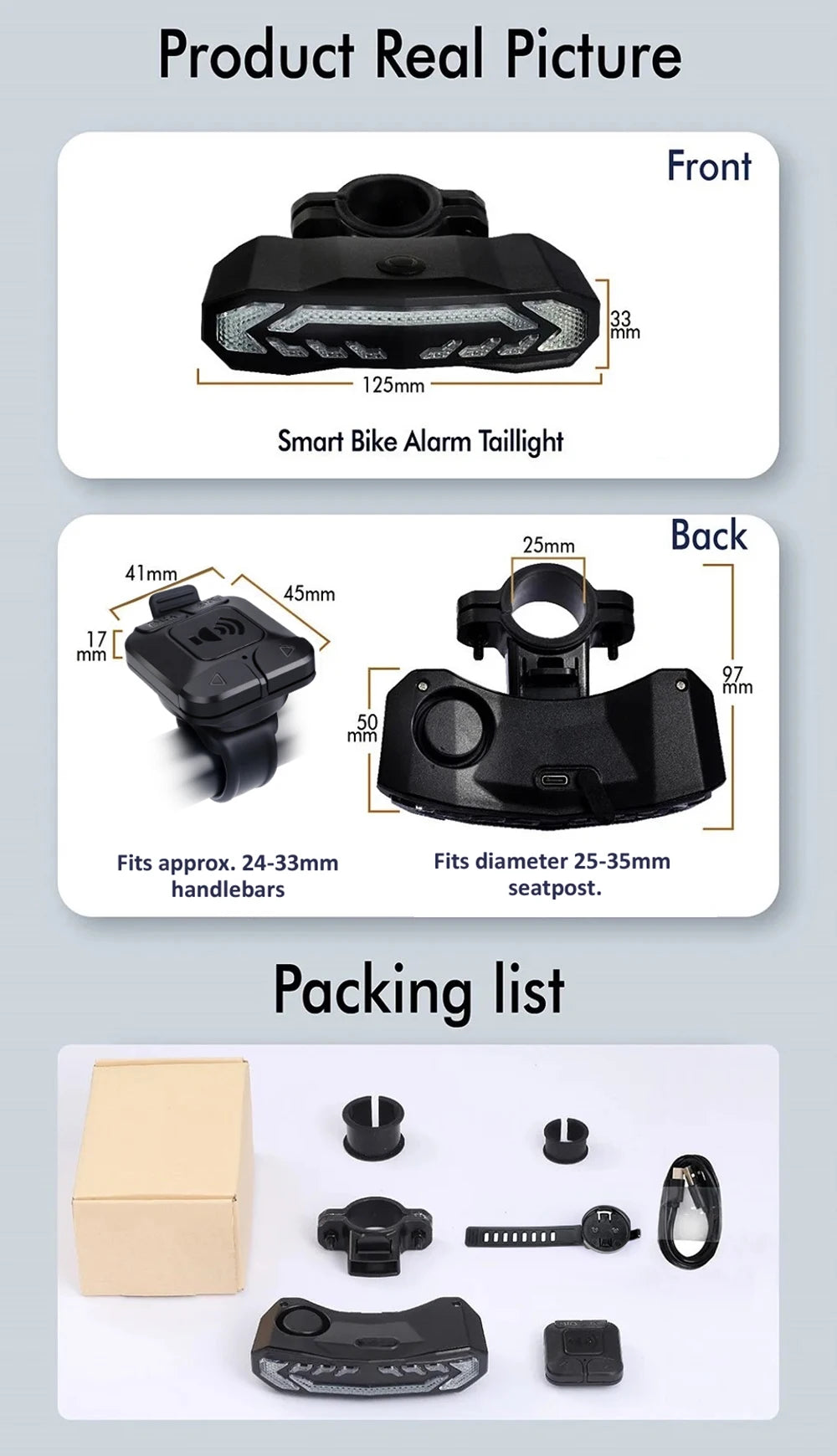 Wireless Bicycle Alarm Rear Tail Light With Turn Signal IP65