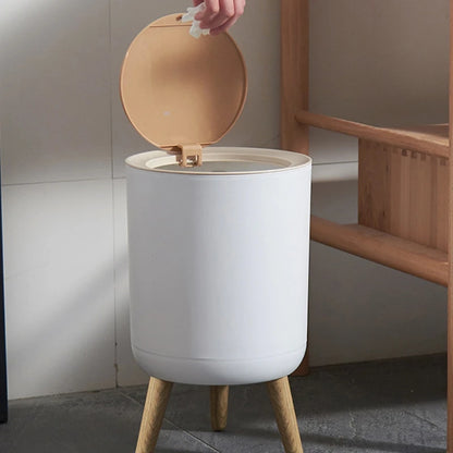 7L Round Wood Grain Trash Can Press Type Garbage Can