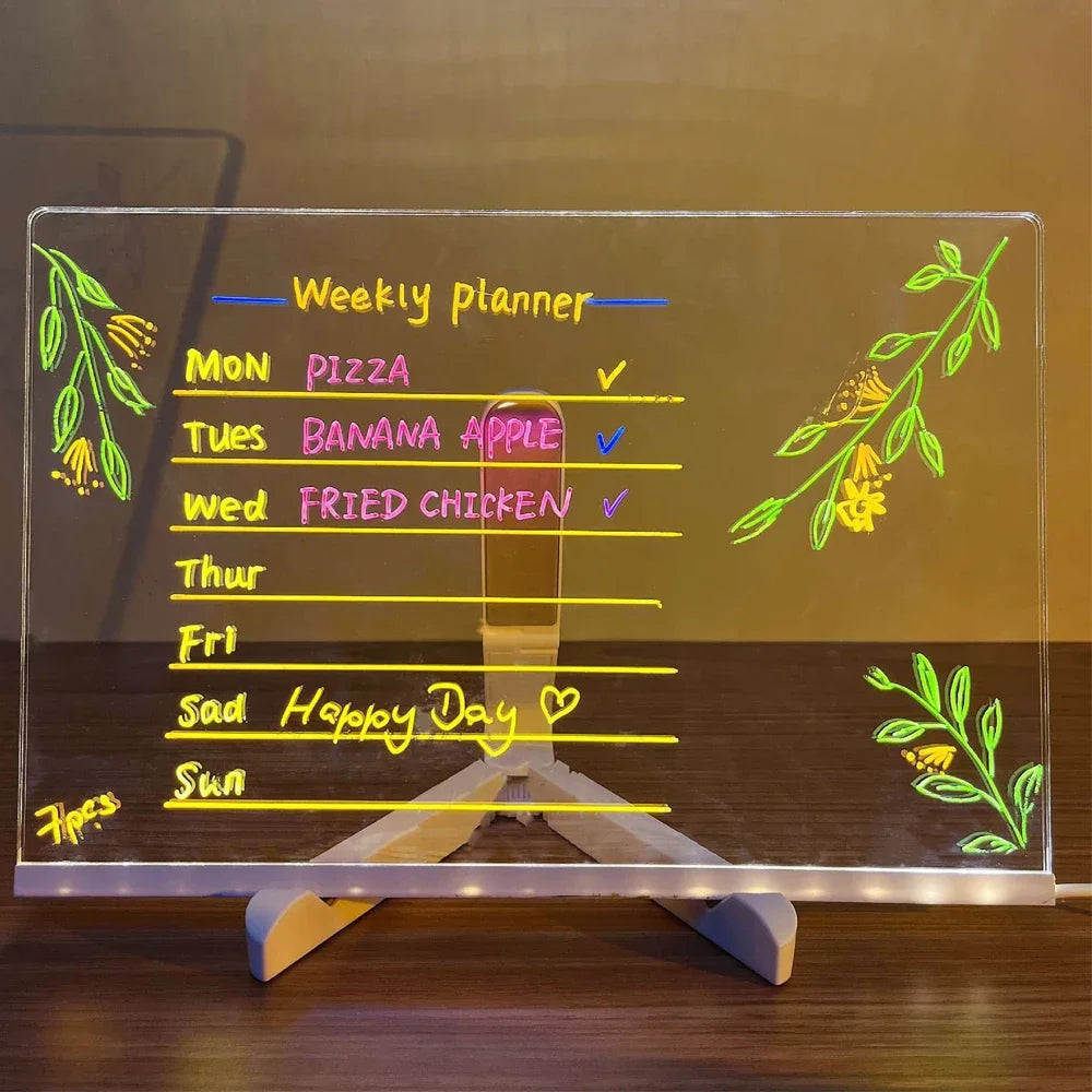 LED Note Board DIY Acrylic Night Light 7 Pens Drawing Board