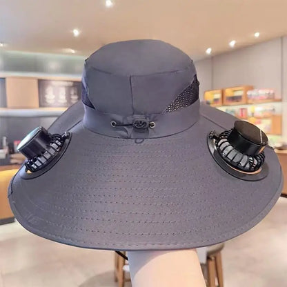 Large Size Quick Dry Bucket Hat With Solar Powered Fan USB Charging