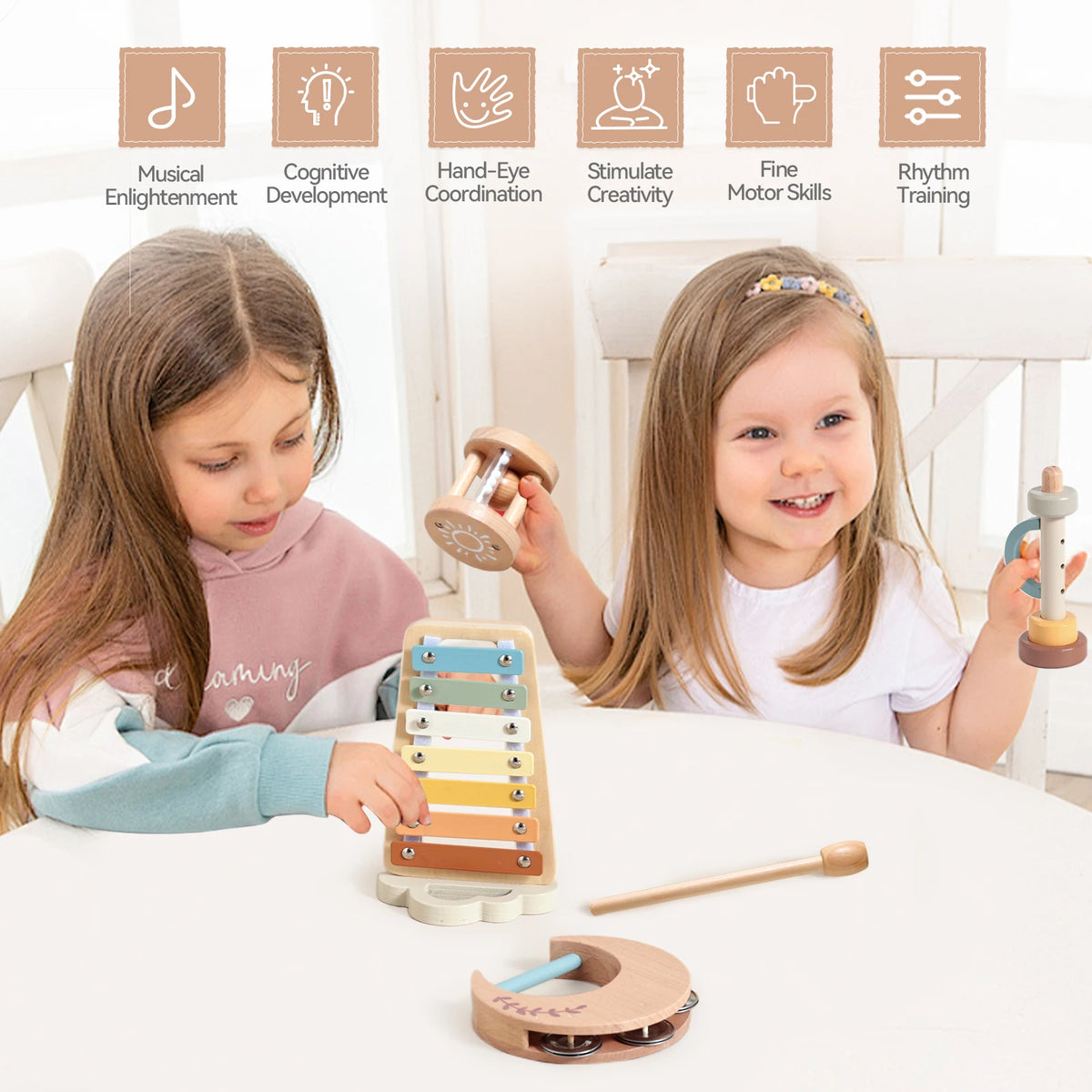 Montessori Wooden Toy Multicolor Xylophone Bell Beads