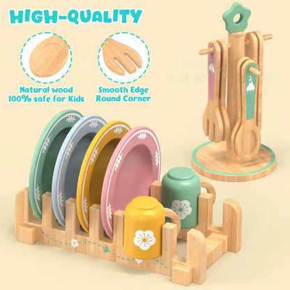 Wooden Kitchen Pretend Play Set Montessori Simulation Plates