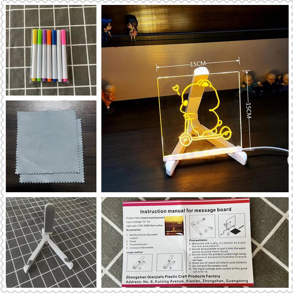 LED Note Board DIY Acrylic Night Light 7 Pens Drawing Board