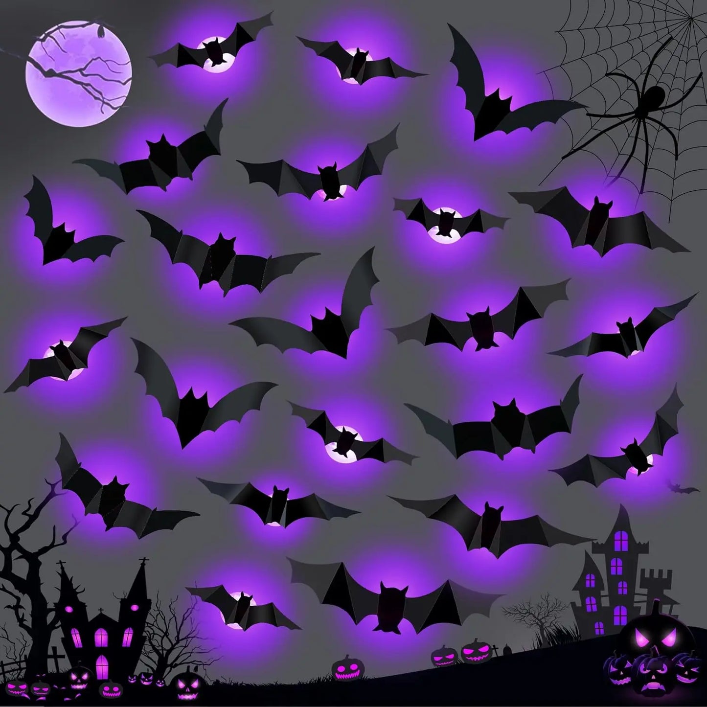 Halloween Bat/Spider Decor Night Light 3D Purple/Green Lights