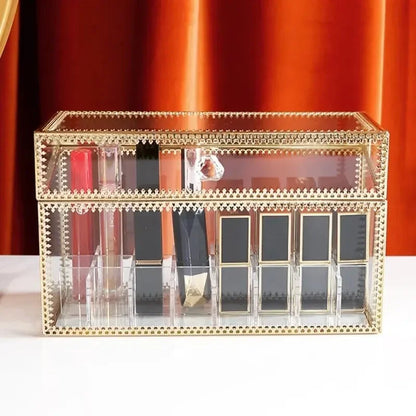 Golden Makeup Organizer Storage Box Glass Cosmetic