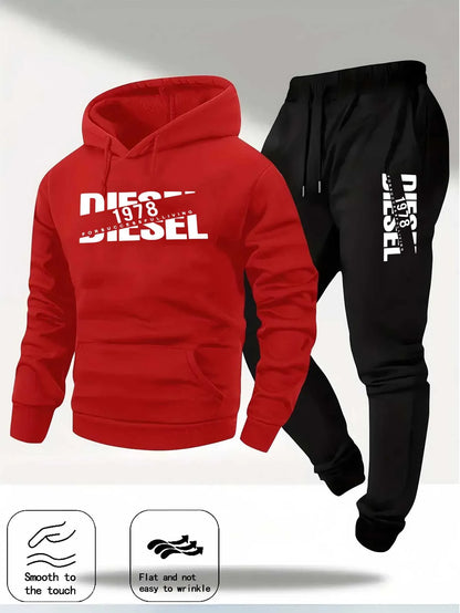 Men Fashion Print Tracksuit Hooded Sweatshirt + Sweatpants Set