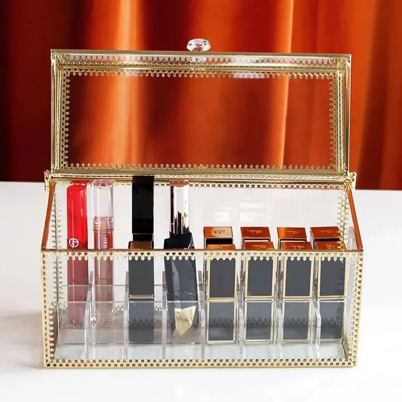 Golden Makeup Organizer Storage Box Glass Cosmetic