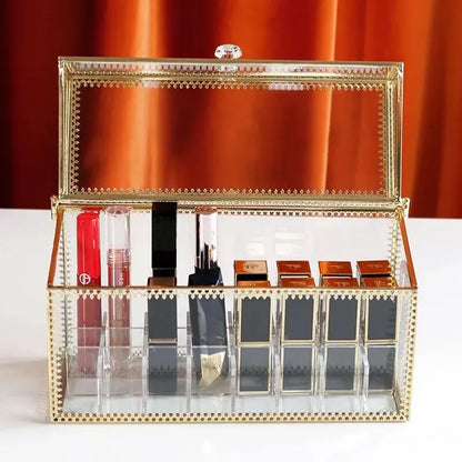 Golden Makeup Organizer Storage Box Glass Cosmetic