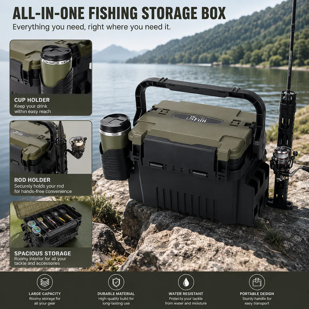JSFUN Fishing Tackle Box Organizer with Rod Holders