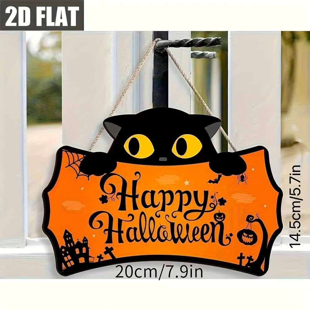 Black Cat Shaped Happy Halloween Wooden Hanging Sign Pumpkin Bat