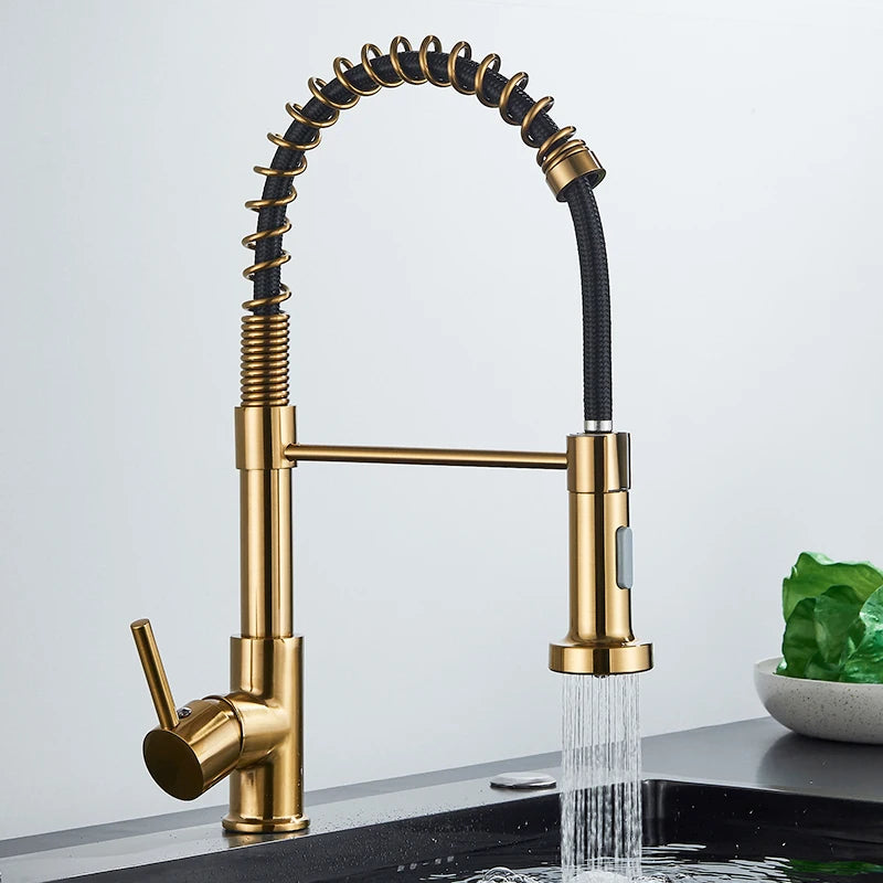Brushed Gold Kitchen Faucet Pull Down 2-way Spray Single