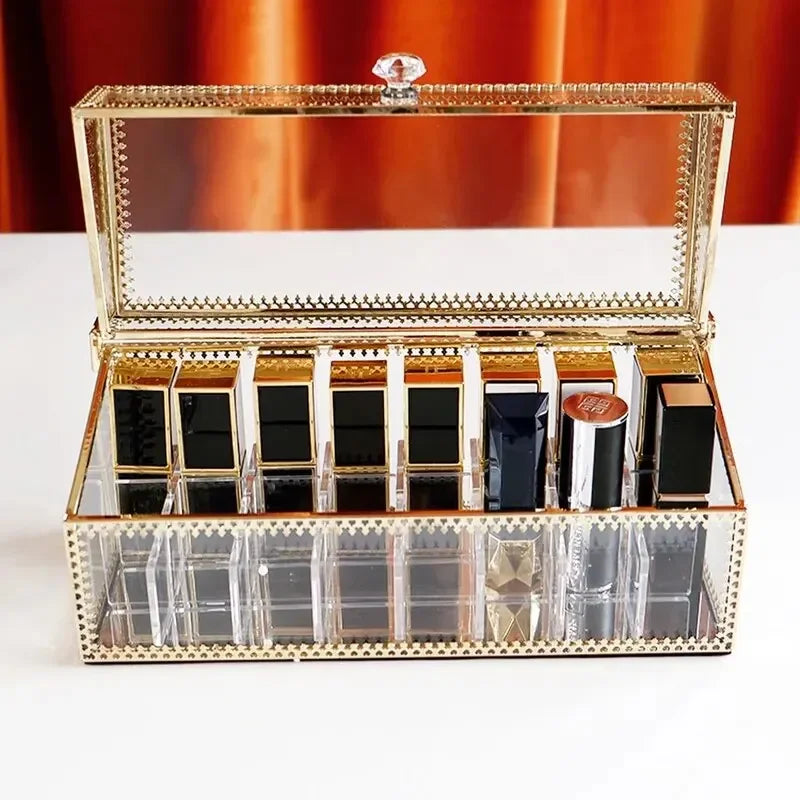 Golden Makeup Organizer Storage Box Glass Cosmetic