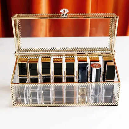 Golden Makeup Organizer Storage Box Glass Cosmetic