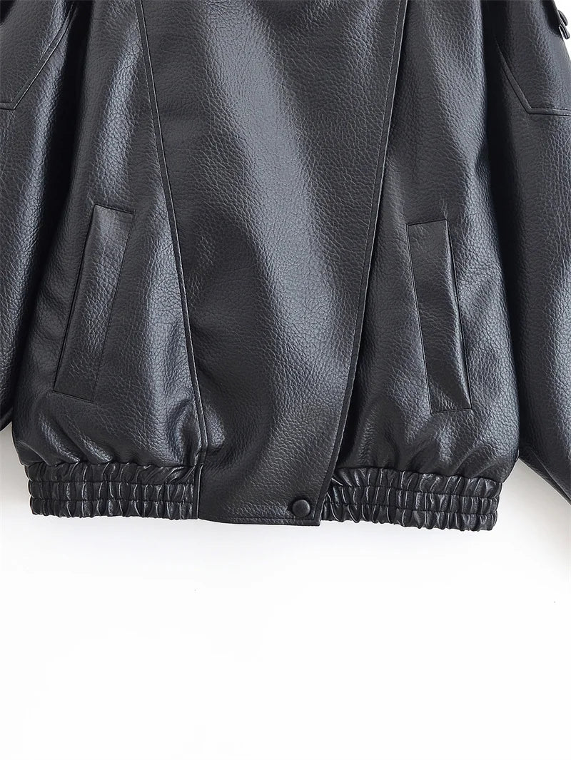 Women's Jacket Fall New Black Long Sleeve Pebble Faux