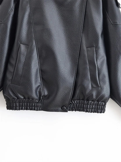Women's Jacket Fall New Black Long Sleeve Pebble Faux