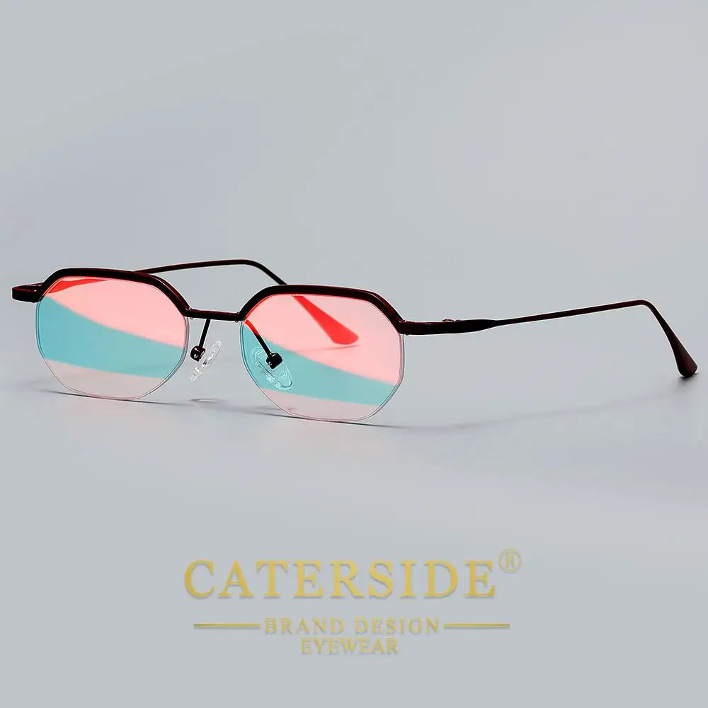 Retro Polygon Sunglasses Men Metal Semi Rimless