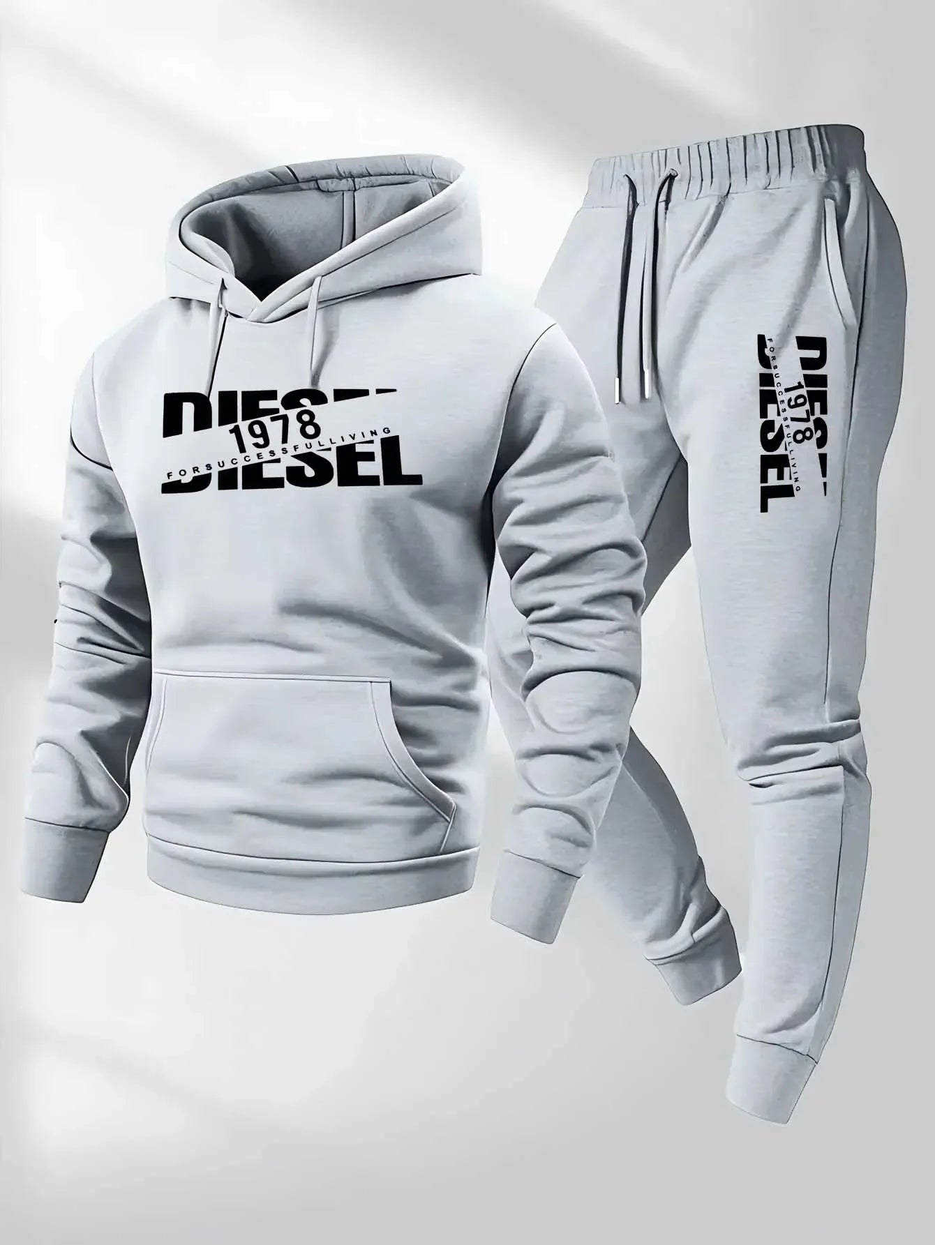 Men Fashion Print Tracksuit Hooded Sweatshirt + Sweatpants Set