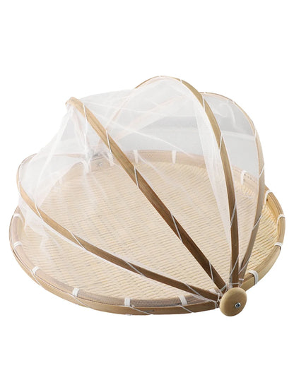 Handmade Bamboo Basket With Net Mesh Cover Kitchen Bread