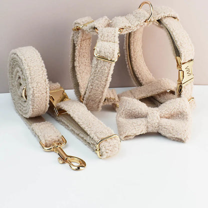 Teddy Velvet Dog Collar And Leash Set For Dogs Custom Engraved