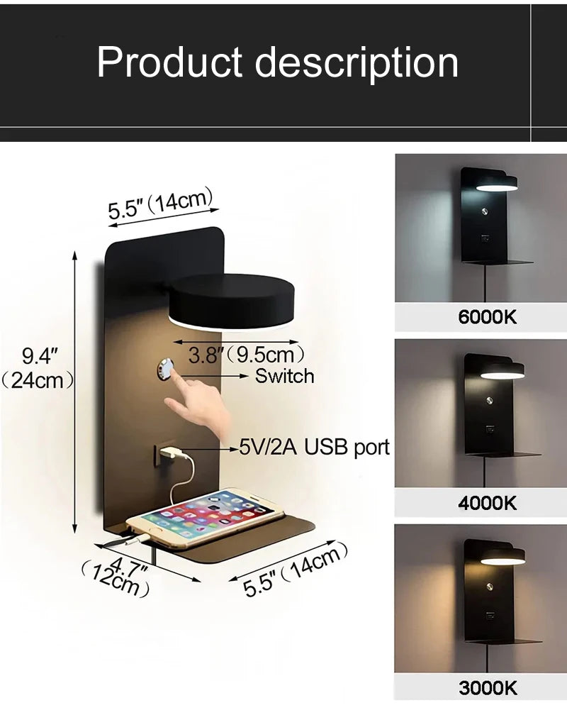 Bedroom Led Wall Lamps with USB Charge Wall Light