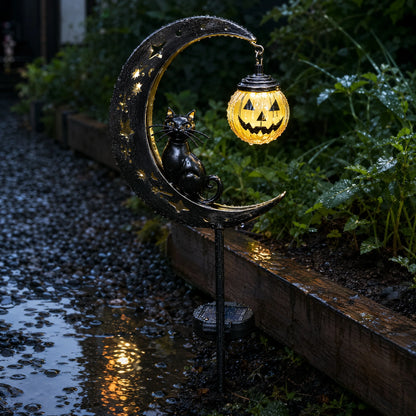 Halloween Solar Garden Stake Light Black Cat On Moon
