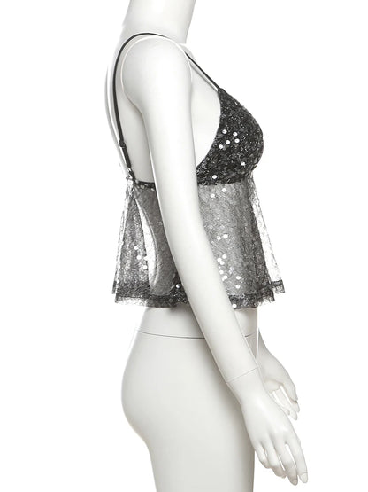 Weird Puss Sequins Patchwork Mesh Camisole Women