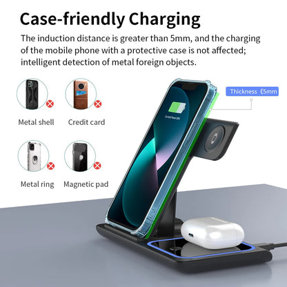 3 in 1 Wireless Charger Stand Pad Foldable Fast Charging