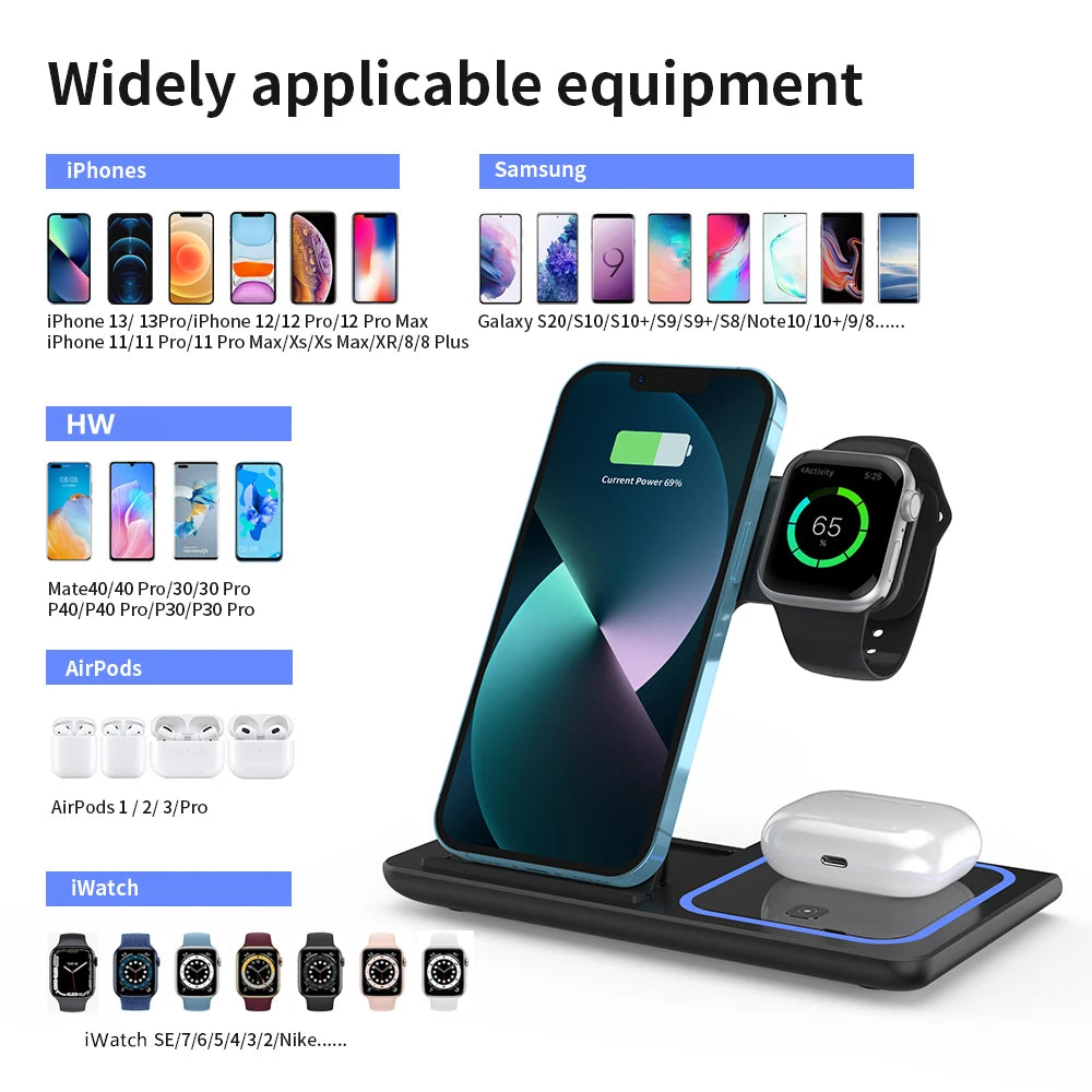 3 in 1 Wireless Charger Stand Pad Foldable Fast Charging