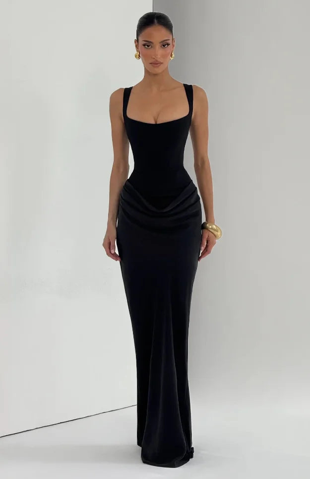 Solid Pleated Sling Dress Women Square Neck Sleeveless