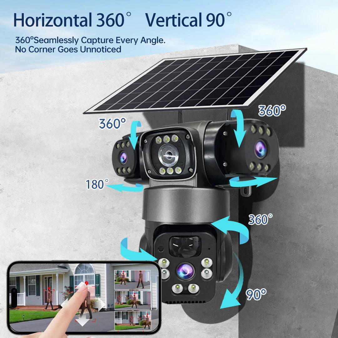 15MP 8K Wifi IP Camera Solar Outdoor Waterproof Three Lenses