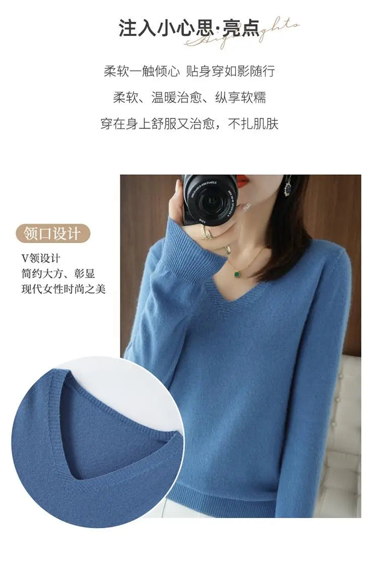 Women's Sweater Autumn Winter Knitted Pullovers V-neck