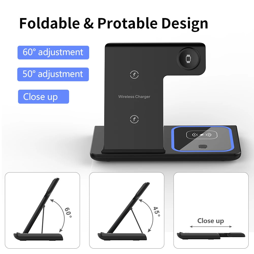 3 in 1 Wireless Charger Stand Pad Foldable Fast Charging