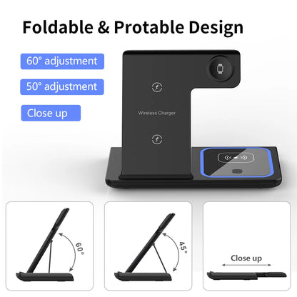 3 in 1 Wireless Charger Stand Pad Foldable Fast Charging