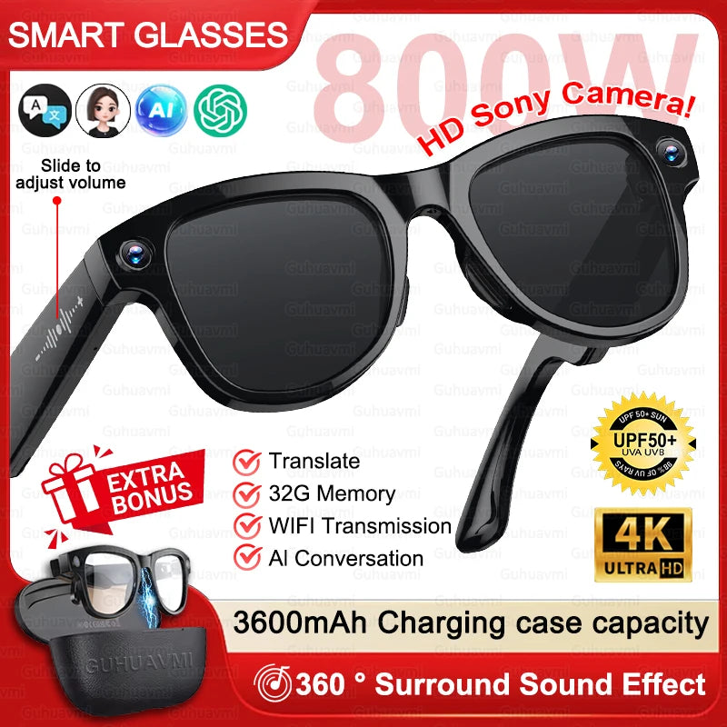 New 3600mAh Large Battery Smart Glasses 8MP HD Camera