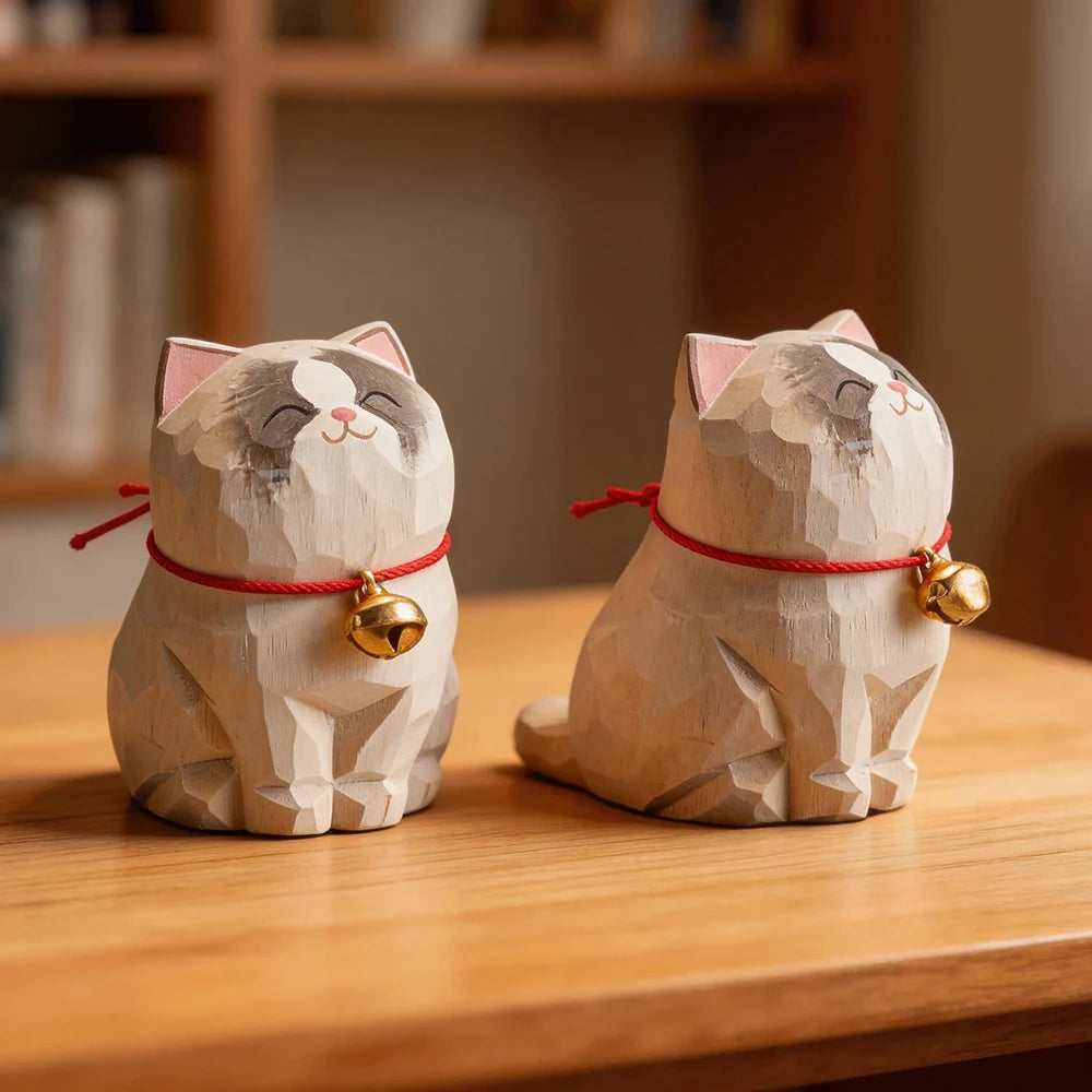 Cute Cat Animals Figurine Decorative Wooden Ornament