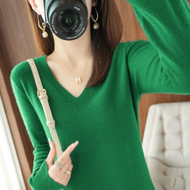 Women's Sweater Autumn Winter Knitted Pullovers V-neck
