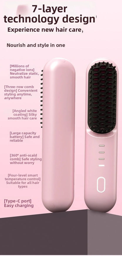 Cordless Hair Straightener Brush 4 Temp Settings Ceramic