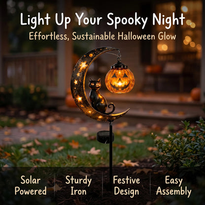 Halloween Solar Garden Stake Light Black Cat On Moon