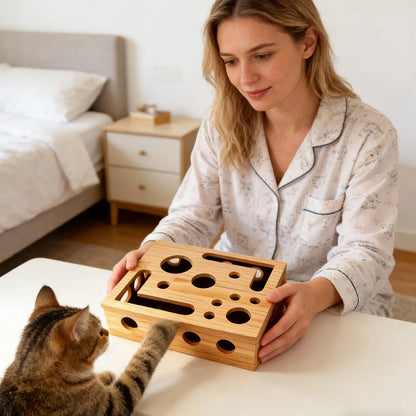 Interactive Frosted Wooden Cat Maze Toy Pet Treat Dispenser